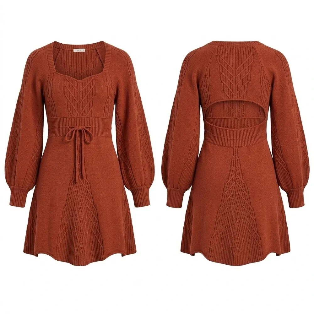 Free People Sweater Dress Women Large Cinnamon Balloon Sleeve Knit Emmaline Mini